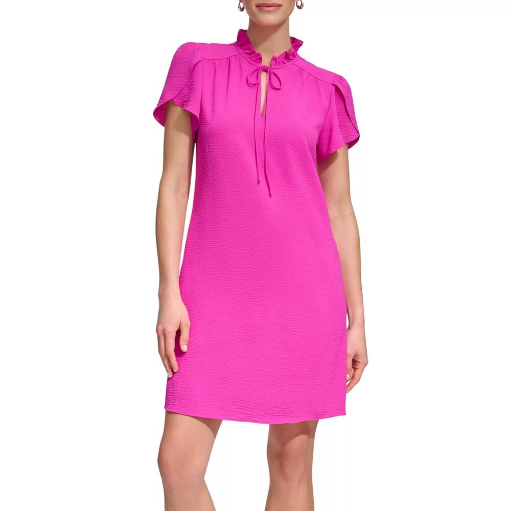 DKNY - Women's Short Sleeve Ruffle Neck Solid Chiffon Shift Dress